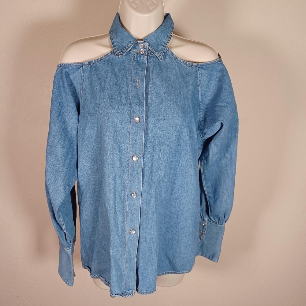 Vintage Western Denim Cold Shoulder Long Sleeve Dance Party Cowgirl‎ Top 10